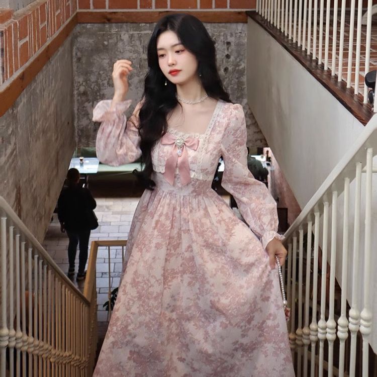 A.t.a ชุดเดรสกระโปรงยาว ผ้าชีฟอง พิมพ์ลายดอกไม้ สีชมพู สําหรับสตรี - รูปที่ 2