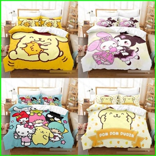 Yb2 Kuromi Pompom Purin 3in1 ชุดเครื่องนอน ผ้าปูที่นอน ผ้าห่ม ซักทําความสะอาดได้ สําหรับหอพัก BY2