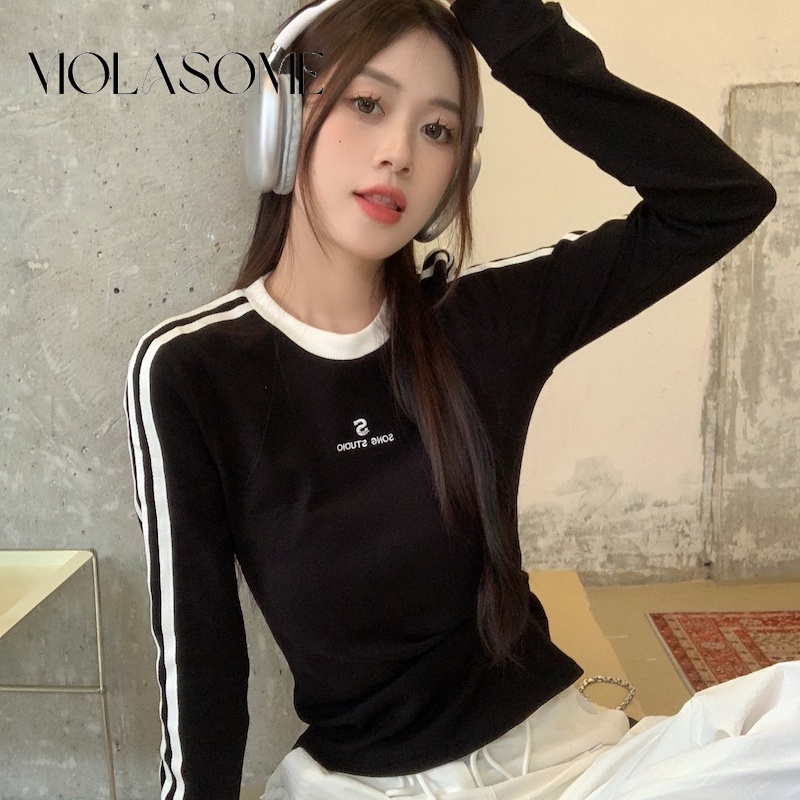 Molasome ใหม่ เสื้อยืดลําลอง แขนยาว คอกลม ทรงสลิมฟิต สีตัดกัน แฟชั่นสําหรับสตรี 2023