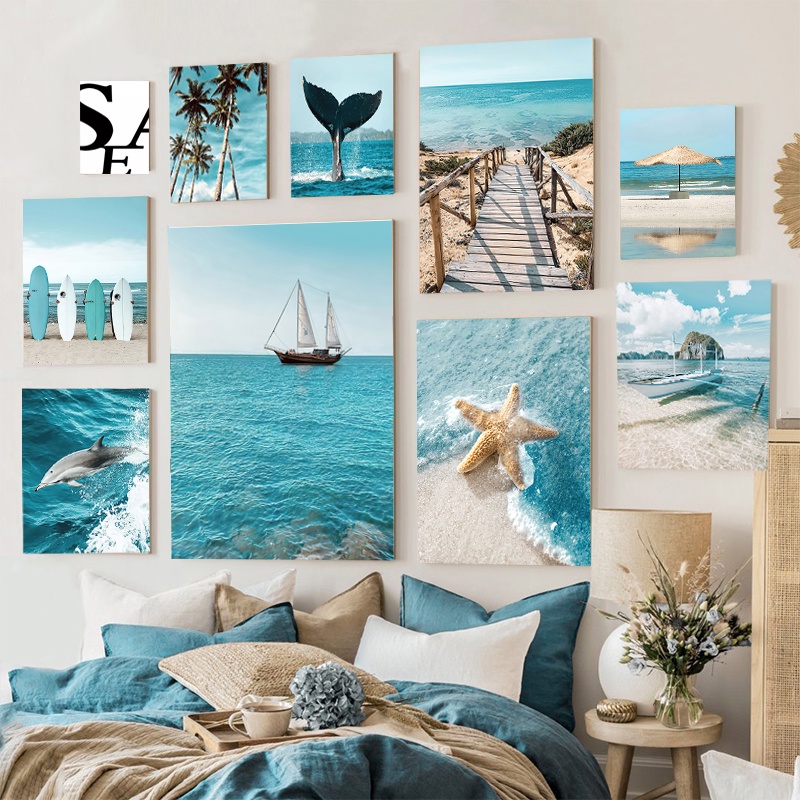 โปสเตอร์ผ้าใบปลอมลายปลาดาวและสะพานสีฟ้าเหมาะสําหรับตกแต่งผนังบ้านห้องนั่งเล่น