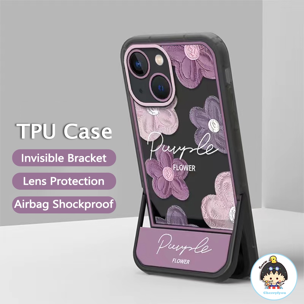 Art ดอกไม้สีม่วง Graffiti วงเล็บที่มองไม่เห็นกรณี iPhone สําหรับ iPhone 17 Air 16 15 14 13 12 11 Pro Max X XR 8 7 Plus Full View กันกระแทก Soft TPU ฝาครอบ iPhone