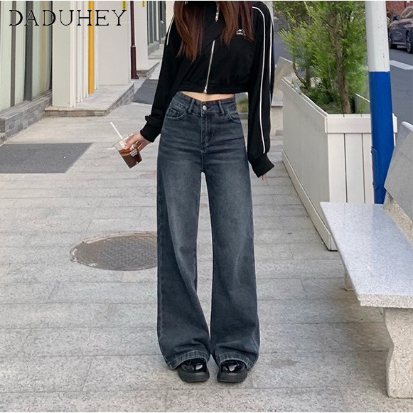 DaDuHey New Women's Jeans American Style Blue Gray Ins High Street Retro Washed High Waist Loose Wide Leg Pants