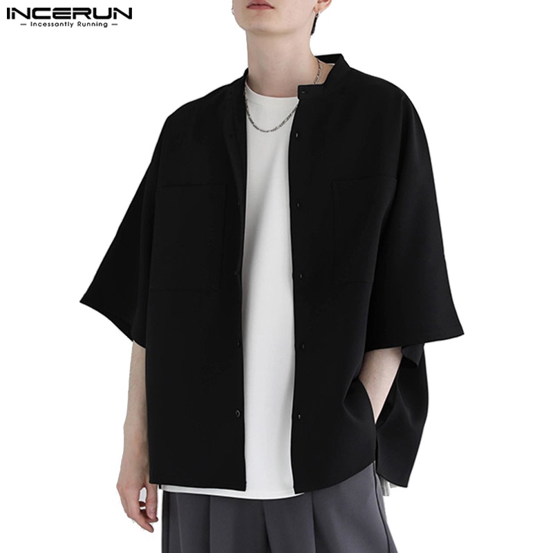 Incerun เสื้อเชิ้ตแขนยาว คอตั้ง มีกระเป๋า สีพื้น สไตล์ญี่ปุ่น สําหรับผู้ชาย