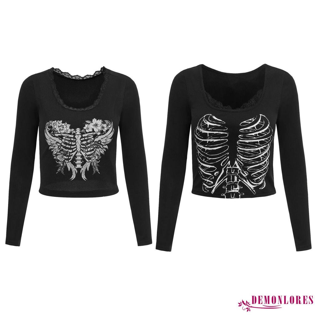 Demonlores-เสื้อยืดผู้หญิงฤดูใบไม้ร่วงslim Gothicแขนยาวเสื้อยืดสีดําโครงกระดูกพิมพ์ลูกไม้Trim Top