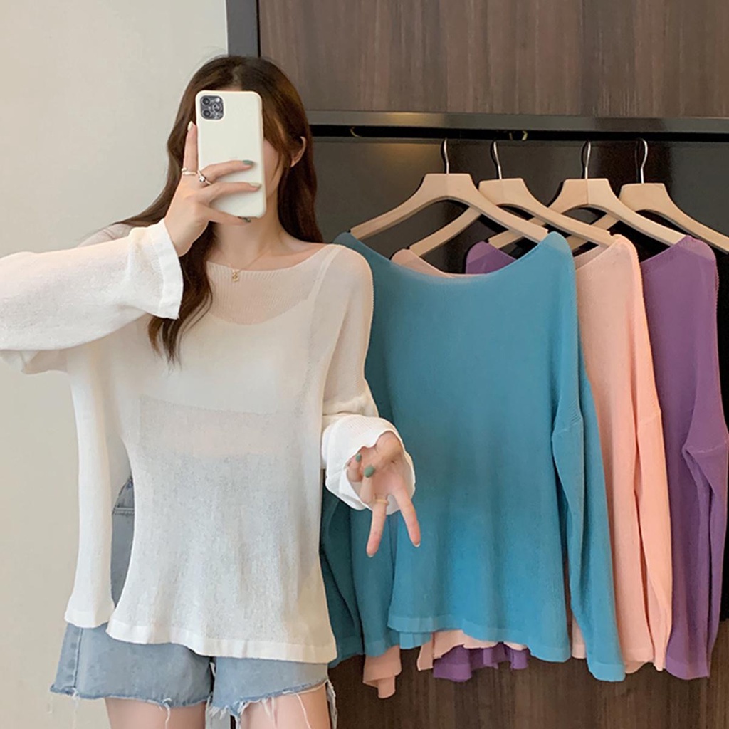 Konw 81105 เสื้อไหมพรม แขนยาว ผ้าถัก โปร่งใส เรียบง่าย สําหรับผู้หญิง แฟชั่นเกาหลี