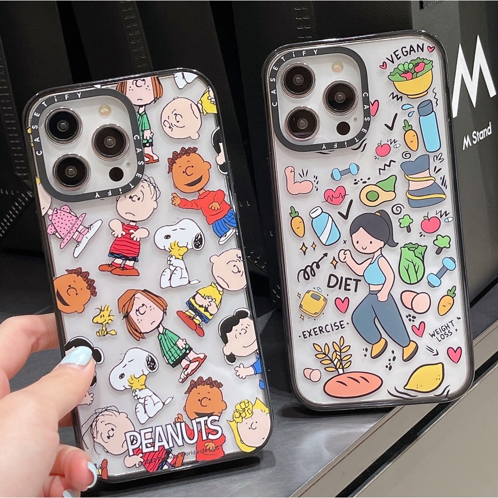 Peanuts Comics Snoopy Impact Casetifyเคสโทรศัพท์สําหรับiPhone 16 15 14 13 12 Pro Max Plus,กรอบสีดําปกแข็ง