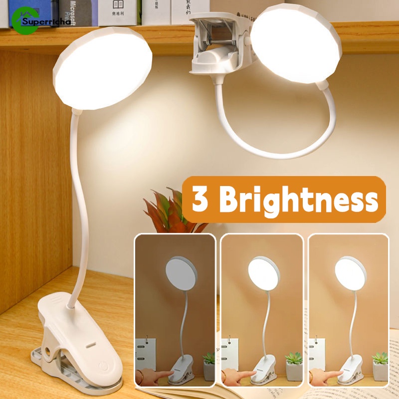 ไฟป้องกันดวงตา 3 ความสว่าง / 360° โคมไฟตั้งโต๊ะ LED แบบยืดหยุ่น พร้อมคลิป / โคมไฟอ่านหนังสือ สําหรับนักเรียน / ปลั๊ก USB ในห้องนอน ไฟกลางคืนข้างเตียง