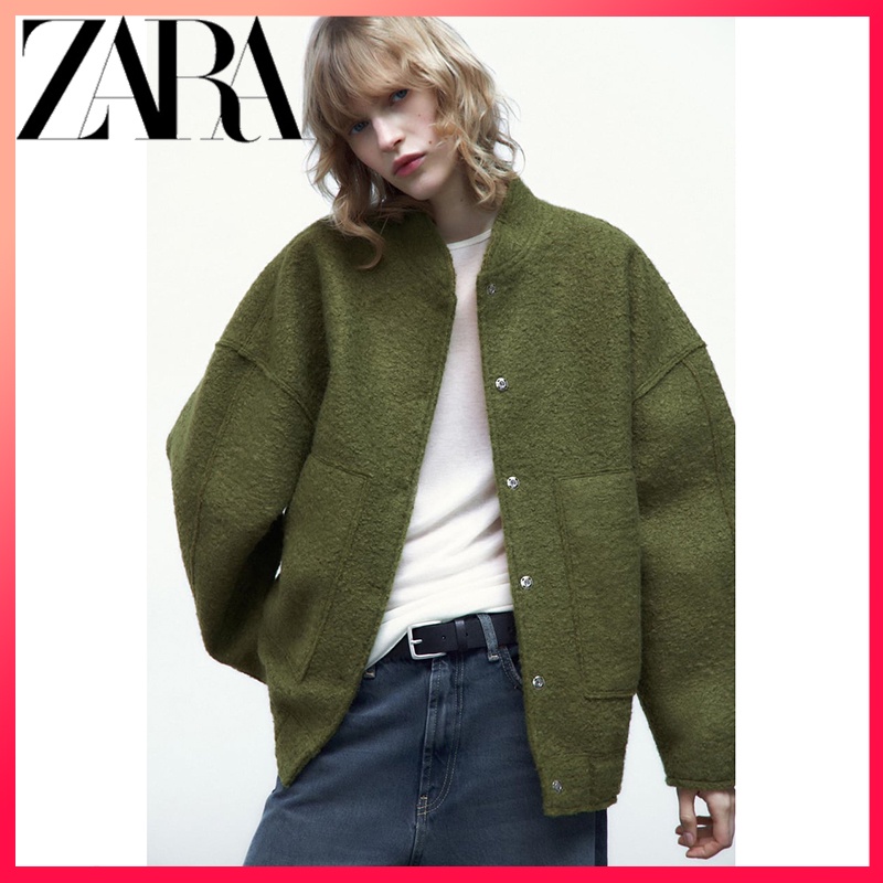 Zara ใหม่ เสื้อแจ็กเก็ตบอมเบอร์ ทรงหลวม พร้อมกระเป๋า สําหรับผู้หญิง