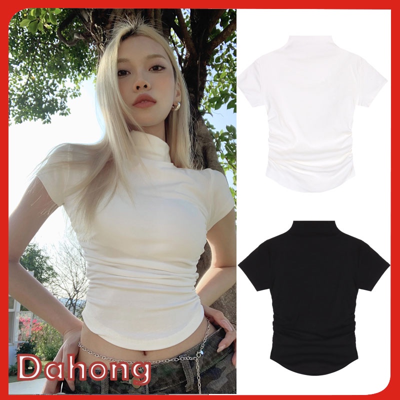 Dahong เสื้อครอปท็อป ใหม่ เสื้อยืด คอเต่า แขนสั้น สีดํา และสีขาว แบบเรียบ 5524
