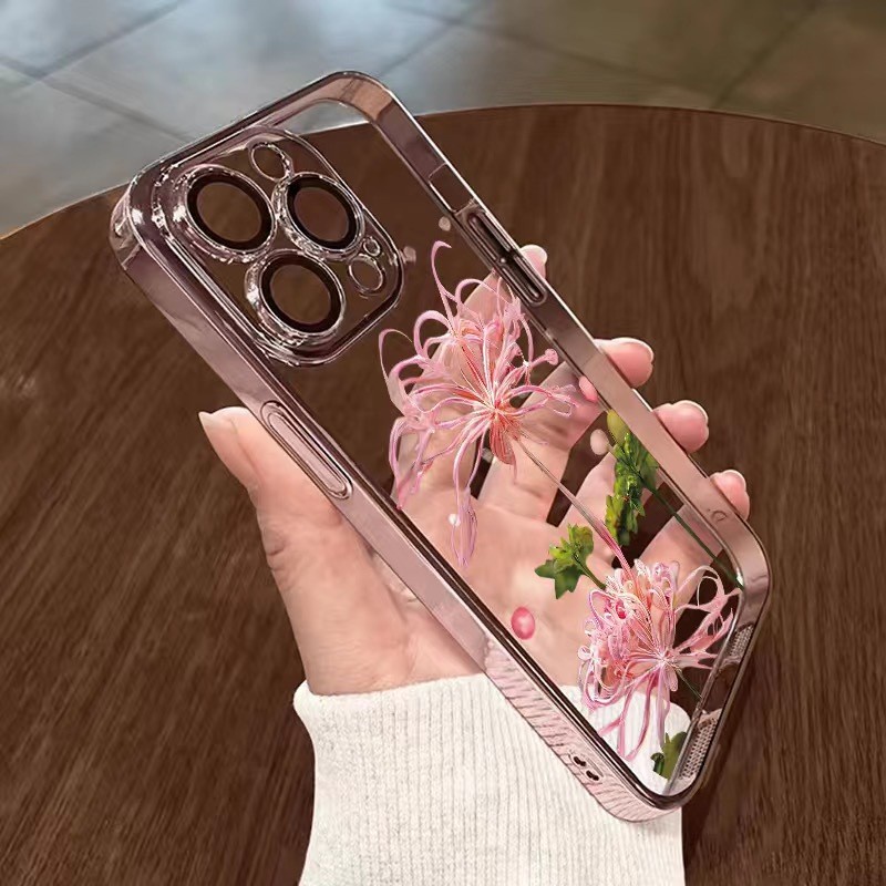 เคสโทรศัพท์มือถือ ชุบไฟฟ้า กันตก ป้องกันเลนส์ ลายดอกไม้ผี สําหรับ iPhone 15 Pro 14 Plus 13 12 11 Pro Max IP14 IP15 15Pro 14Pro 13Pro 12Pro 11Pro Max