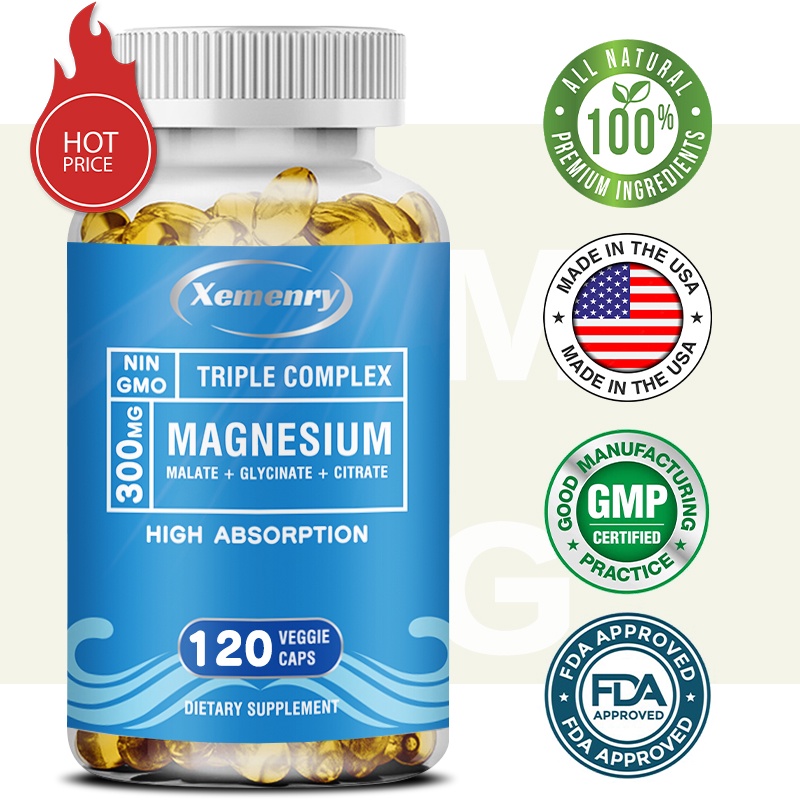 Xemenry Triple Magnesium Complex 300 มก. แมกนีเซียมไกลซิเนต แมกนีเซียมมาลาเต้ และแมกนีเซียมซิเตรต เพื่อการผ่อนคลายกล้ามเนื้อ การนอนหลับ สงบ และพลังงาน - แคปซูลมังสวิรัติ