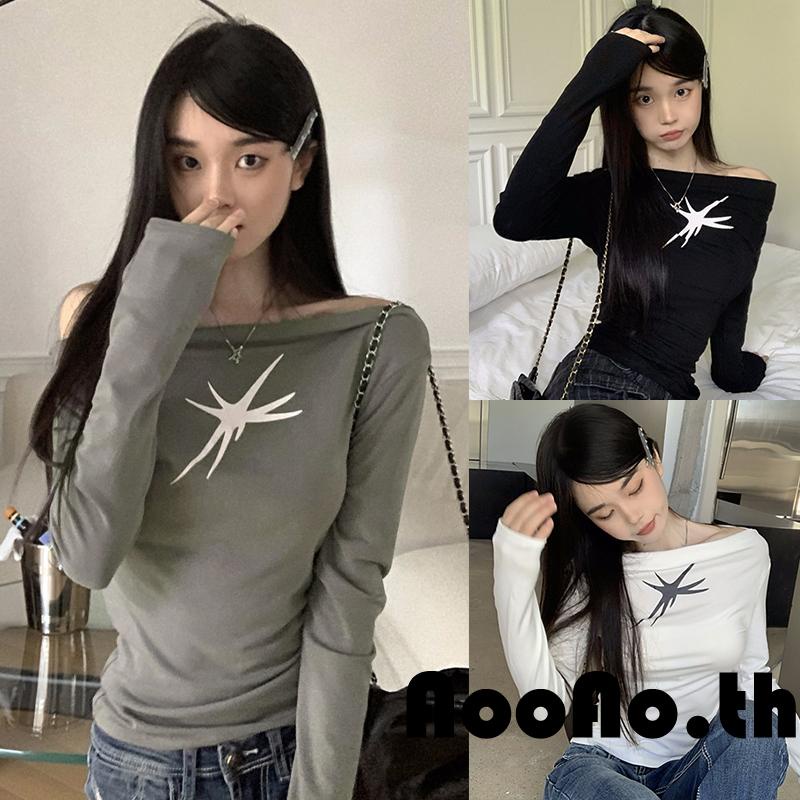 Aooao- เสื้อยืดลําลอง แขนยาว เปิดไหล่ พิมพ์ลายกราฟฟิค ทรงสลิมฟิต สําหรับผู้หญิง