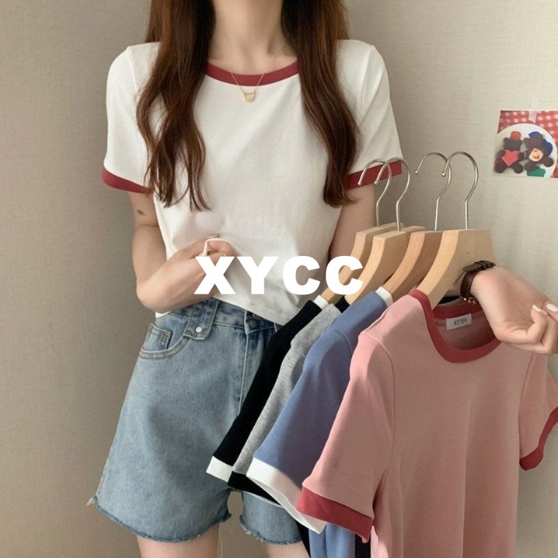 เสื้อยืดคอกลม แขนสั้น สีตัดกัน สําหรับผู้หญิง
