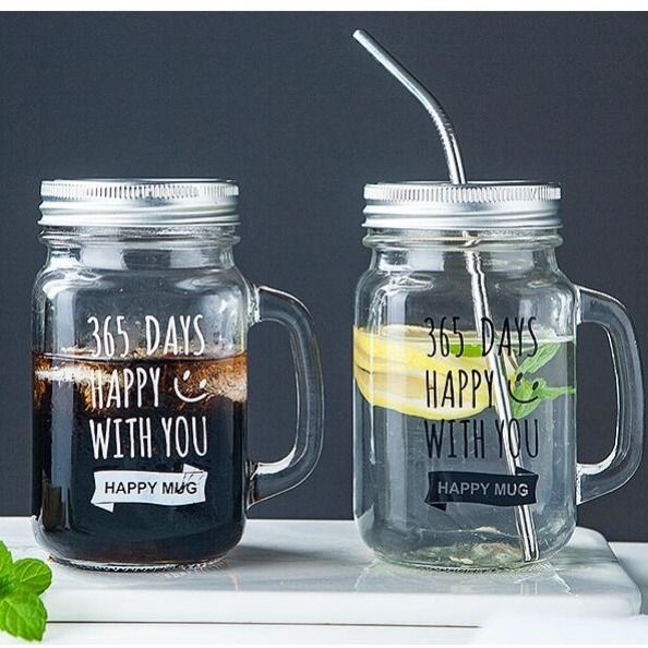 Rooster ถ้วย Mason Straw พร้อมฝาปิด Creative TREND แก้วใสพร้อมที่จับเครื่องดื่มน้ำผลไม้ชานม Milksha