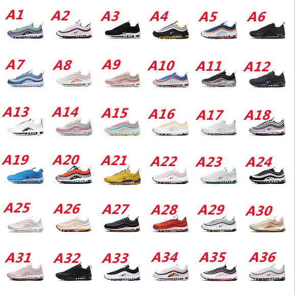Nike Air Max 97 สีดำสีแดงรองเท้ากีฬารองเท้าวิ่งระบายอากาศสำหรับผู้ชายและผู้หญิง 92 สี