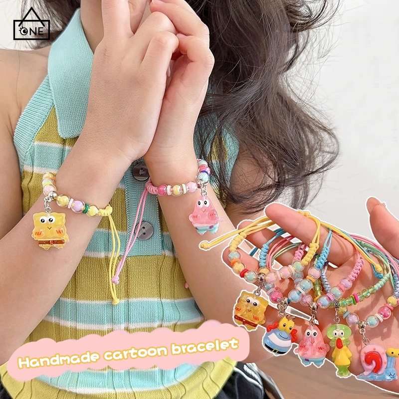 COD สร้อยข้อมือลูกปัดลายการ์ตูนสพันจ์บ็อบน่ารักสีสันสดใสเชือกถักปรับได้หวานนักเรียนเครื่องประดับเด็กผู้หญิงคู่รัก-a.one