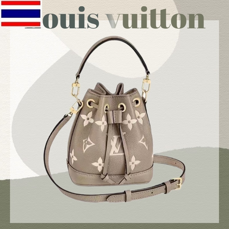 2023 New ⚡[พร้อมส่ง] Louis Vuitton NANO NOE Mini Bucket LV กระเป๋าถือสุภาพสตรี Drawstring กระเป๋าสะพายช้าง Grey LN7F