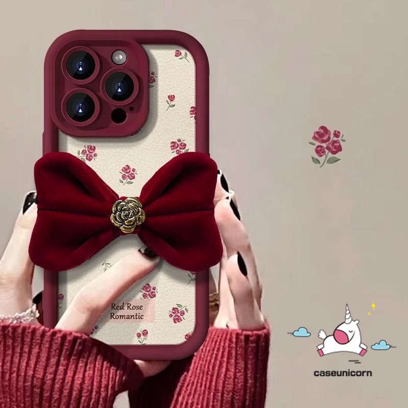 เคสโทรศัพท์มือถือ ลายดอกไม้ 3D ประดับโบว์ สีแดง หรูหรา สําหรับ Samsung A13 A05S A04s A14 A05 A24 A12 A20 A51 A32 A50 A53 A03s A50s A34 A23 A11 A54 A04E A10s A02s A31 A52 A03 A20s A30s A52s