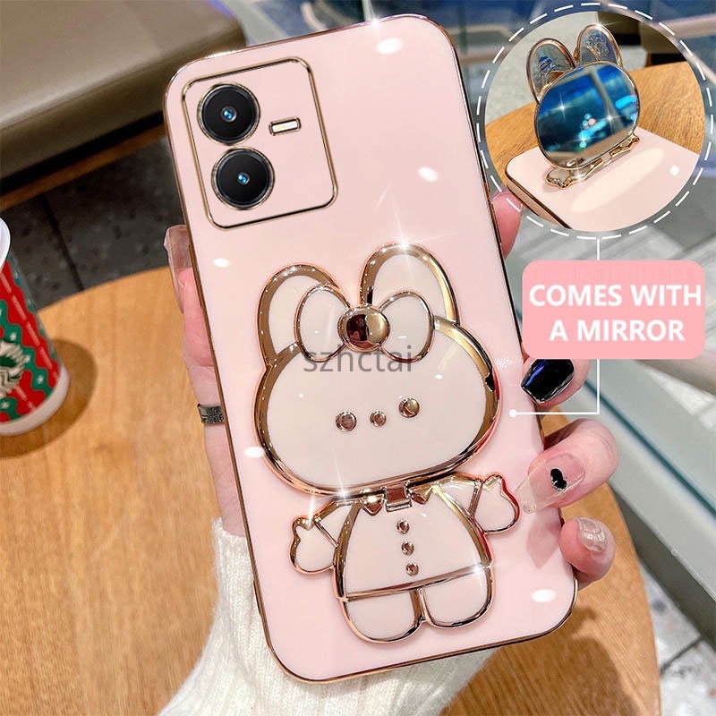 เคสโทรศัพท์ vivo y22 y22s เคสโทรศัพท์เคสโทรศัพท์พร้อมที่วางกระต่ายน่ารักกระจกในตัวยึด vivo y22 y22s
