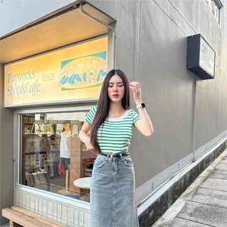 Aurora 🛒พร้อมส่ง🚚 (88618) เสื้อไหมพรมแขนสั้น คอกลม เสื้อยืดไหมพรม ลายทาง ดีเทลลายทางคิ้วๆ เสื้อยืดแขนสั้นผู้หญิง ส่งไว