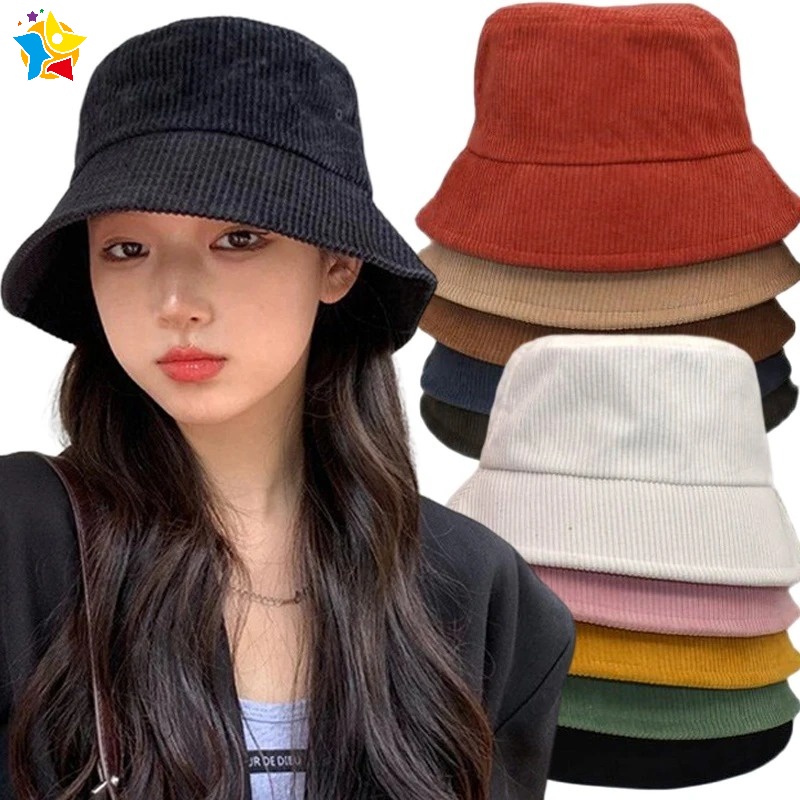 หมวกบักเก็ต ผ้าลูกฟูก สีพื้น แบบพับได้ แฟชั่นฤดูใบไม้ร่วง และฤดูหนาว สไตล์เรโทร สําหรับผู้หญิง และผู้ชาย