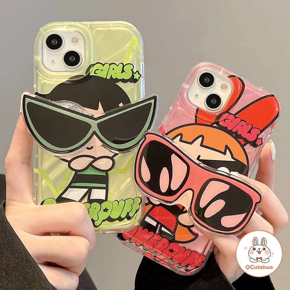 เคสโทรศัพท์มือถือ TPU กันกระแทก ลาย Powerpuff Girls พร้อมขาตั้ง สําหรับ Iphone 11 15 14 12 13 Pro Max 7Plus 8Plus XR XS
