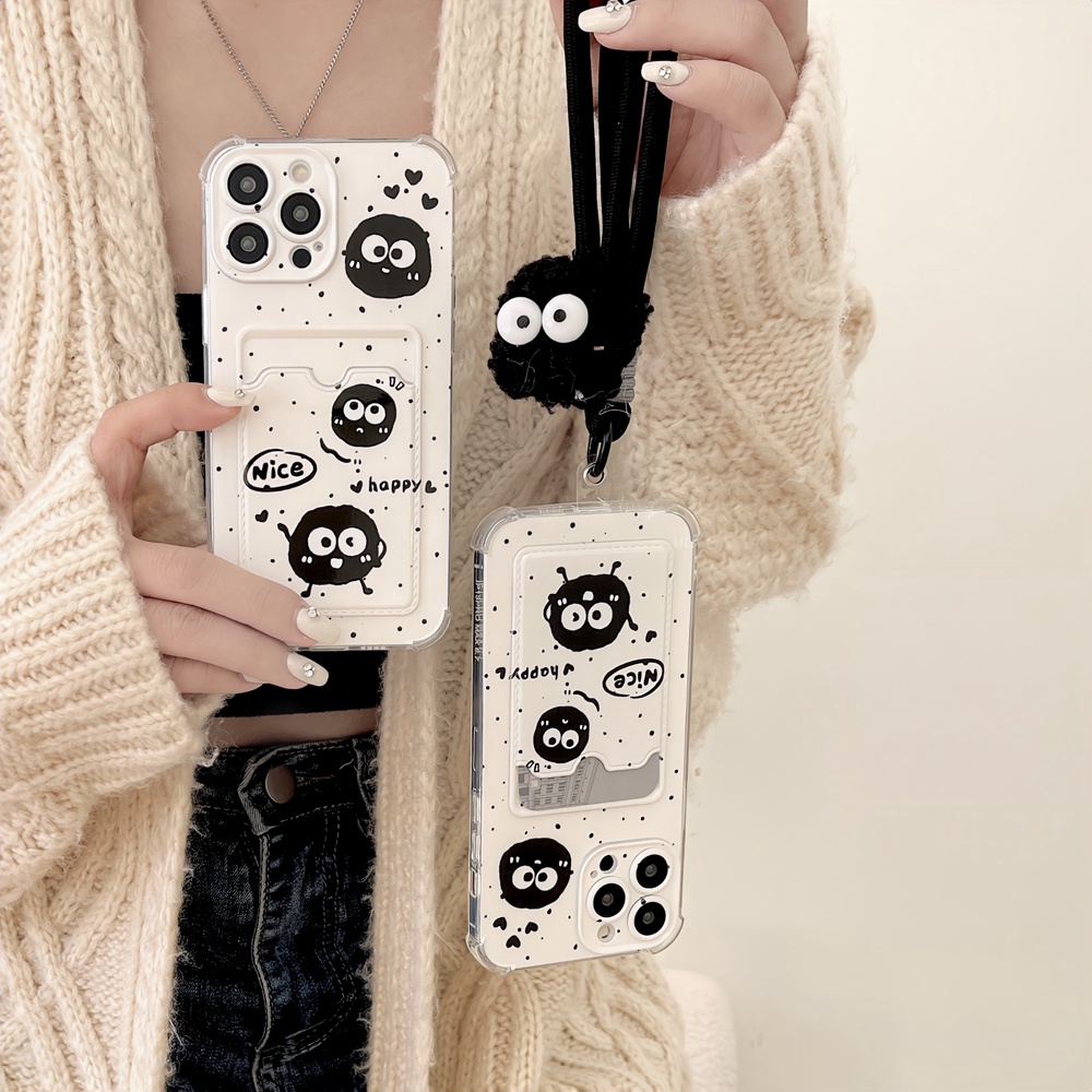 เคสโทรศัพท์มือถือ ผ้ากํามะหยี่ขนนิ่ม กันตก ลายลูกบอลถ่านหิน สีดํา พร้อมสายโซ่คล้อง สําหรับ iPhone 15 ProMax 15 14 ProMax 14 13 ProMax 12 ProMax 12 Pro 11