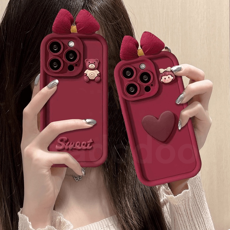 เคส Huawei Honor X9B X9A X8A X8 X7A X7 X6A X6 X6S X5 X40i Play 7T Pro 4G 5G Nova Y91 Y90 Y70 Plus Y71 Y61 9SE 7i Y9A Y7A Y6P Y9 Prime Y7 Y6S Y6 Pro 2019 Cute bowknot Love Girl Sweet Smile Bear Wine red Cartoon Thicken Anti-fall Soft Phone Case JGS 04