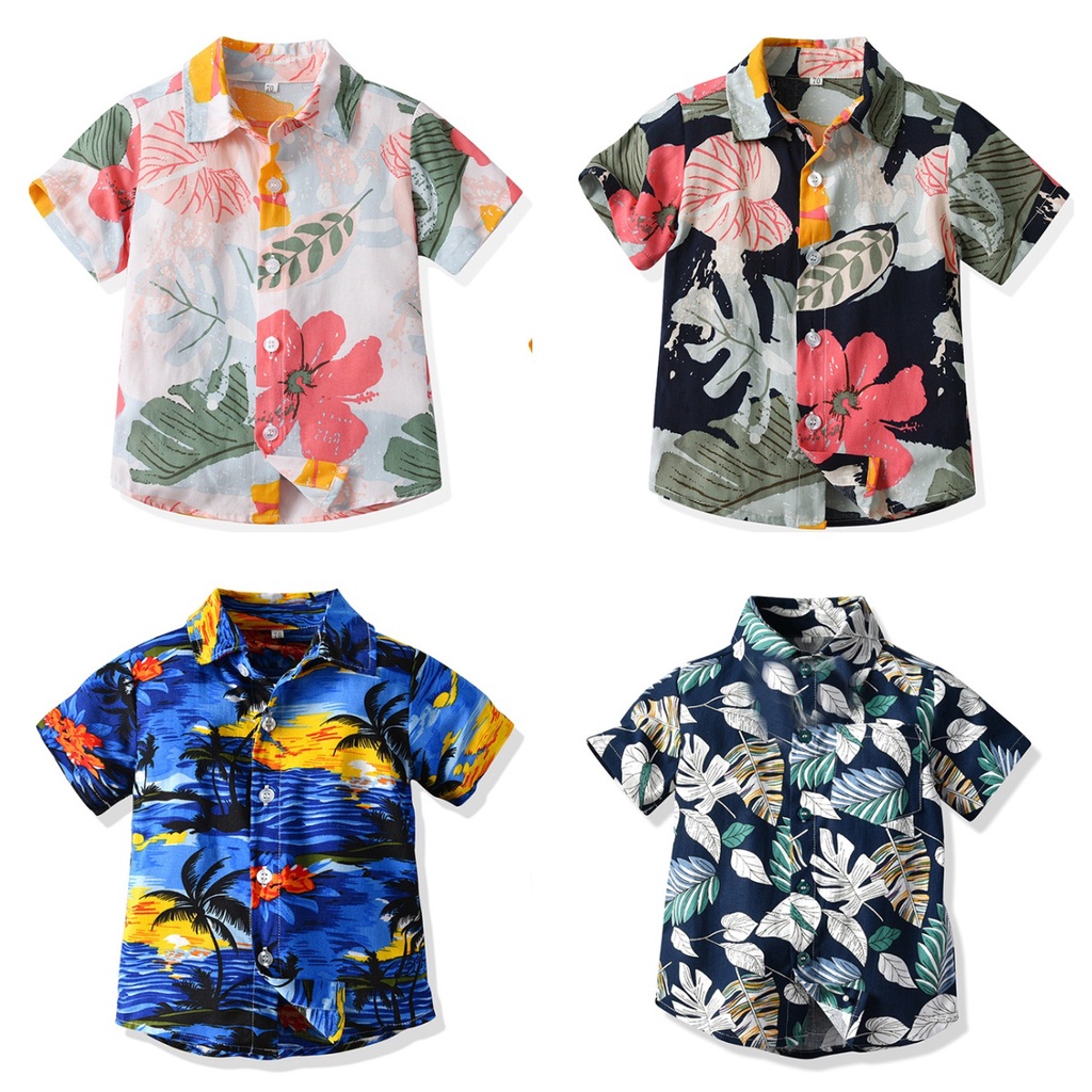 เสื้อคาร์ดิแกนแขนสั้นลําลอง ผ้าฝ้าย ลายดอกไม้ สไตล์ฮาวาย แฟชั่นฤดูร้อน สําหรับเด็กผู้ชาย 0109