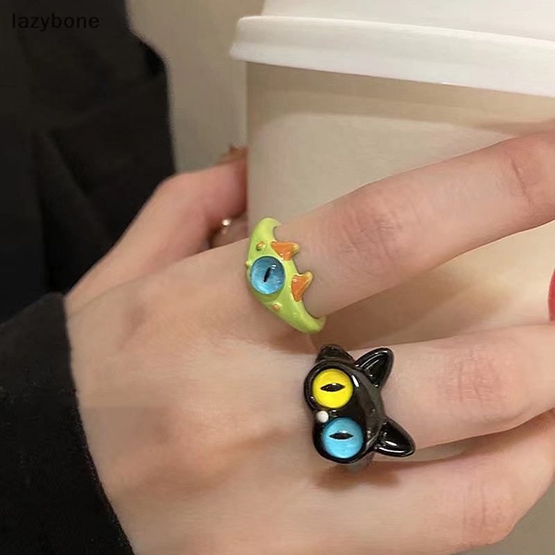 {LZ} ใหม่ แหวนแต่งงาน ลายการ์ตูนแมวตาโต มอนสเตอร์ สีดํา เครื่องประดับแฟชั่น สําหรับผู้หญิง {lazybone}