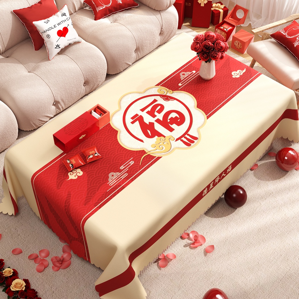 ผ้าปูโต๊ะ ผ้าปูโต๊ะ ลายตัวอักษรอวยพรปีใหม่จีน สีแดง เหมาะกับเทศกาลวันเกิด สําหรับเด็ก
