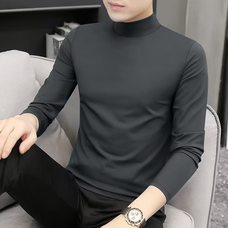 เสื้อยืด คอสูง สีพื้น สไตล์เกาหลี แบบบาง สําหรับผู้ชาย