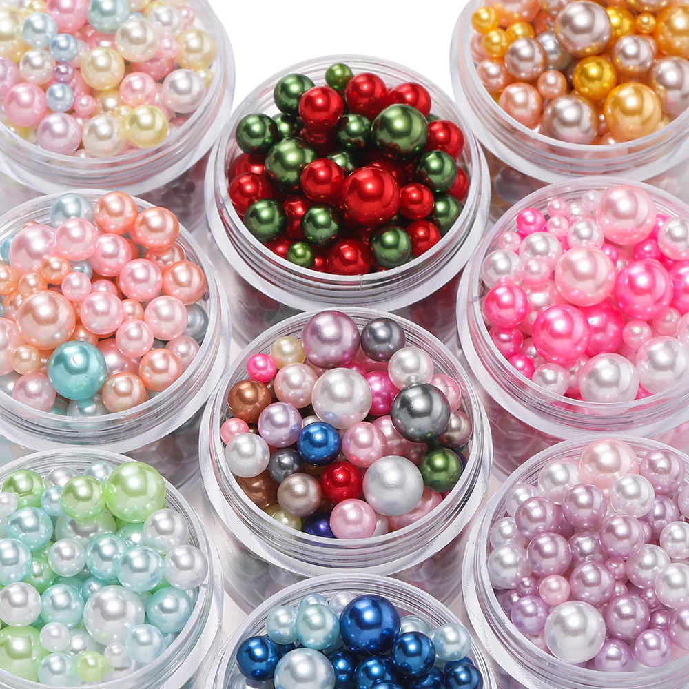 10g ลูกปัดมุกไม่มีรู 3-7.5mm มุกเลียนแบบ สีพาสเทล/เมทัลลิค สำหรับแต่งเล็บ เคสโทรศัพท์ DIY งานแฮนด์เมด