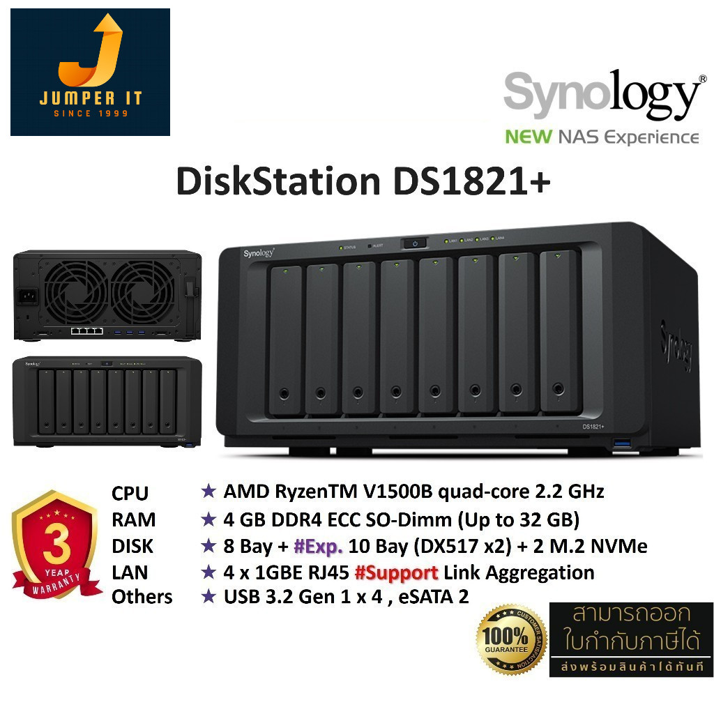 Synology NAS DiskStation รุ่น DS1821+ (HDD 8 Bay w/Exp 18 Drive + 2 M.2, Quad Core 2.2 GHz, 4GB DDR4