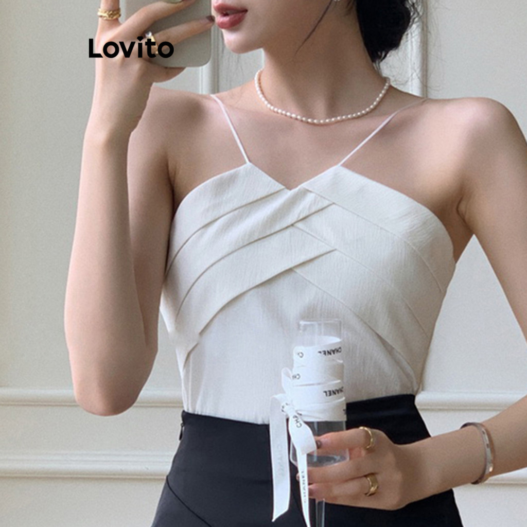 Lovito เสื้อแขนกุดผู้หญิง แต่งจีบ สีพื้น สไตล์ลำลอง LNE41247