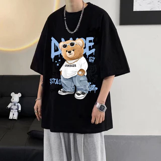 เสื้อยืดคอกลม oversize ลายหมีฮิปฮอป สไตล์ลำลอง ผ้านุ่ม ใส่สบาย