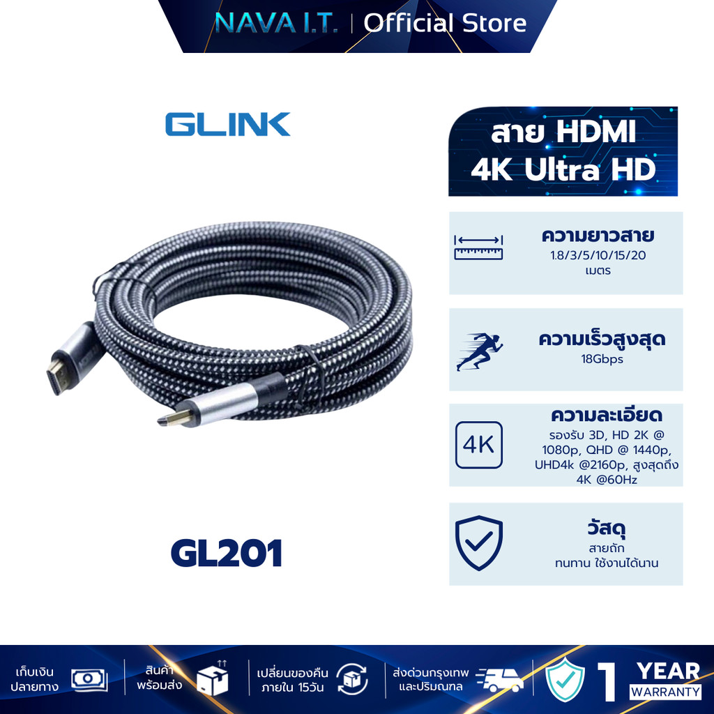 GLINK GL-201 GL201 CABLE HDMI 4K (V.2.0) M/M ขนาด 1.8/3/5/10/15/20 เมตร - ประกัน 1 ปี