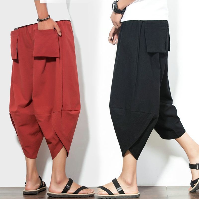 Asian Beach Pants Men Loose Large Size Thai Wide-Leg Cropped Pants Casual Chinese Style Cotton 7#现货亚