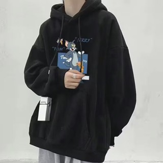 เสื้อกันหนาวแขนยาว มีฮู้ด พิมพ์ลายการ์ตูนหนู และแมว สีเทาเข้ม แฟชั่นฤดูหนาว สําหรับผู้ชาย และผู้หญิง ไซซ์ M - 5XL