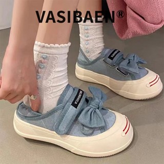 Vasibaen รองเท้าผ้าใบลําลอง พื้นหนา เปิดหน้ายิ้ม ผูกโบว์ เข้ากับทุกการแต่งกาย สไตล์เกาหลี แฟชั่นฤดูใบไม้ผลิ และฤดูใบไม้ร่วง สําหรับสตรี 2023