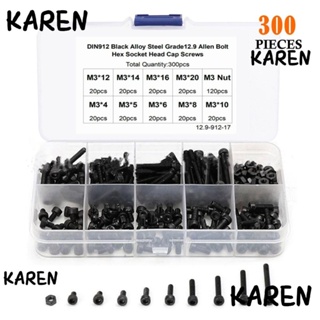 Karen ชุดสกรูเมตริก 9 ขนาด 4-20 มม. M3 พร้อมกล่องเก็บ สีดํา เกรด 12.9 DIY 300 ชิ้น