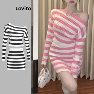 Lovito ชุดเสื้อแขนยาว กระโปรง ลายทาง ลําลอง สําหรับผู้หญิง L61AD097 (สีชมพู/ดํา)