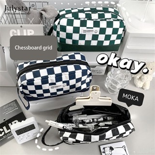 JULYSTAR ใหม่ INS สไตล์คลาสสิกนมรูปแบบสีดำและสีขาว Checkerboard กระเป๋าดินสอความจุขนาดใหญ่กระเป๋าเก็บนักเรียนลายสก๊อตกล่องดินสอ