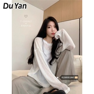 Du Yan Lazy เสื้อยืดลําลอง แขนยาว ป้องกันแดด แบบบาง ทรงหลวม เหมาะกับฤดูร้อน สําหรับสตรี