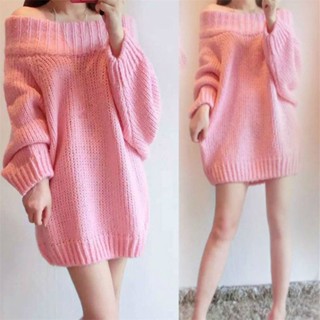 เสื้อกันหนาว เปิดไหล่ ทรงหลวม ชุดเดรส ผ้าถัก