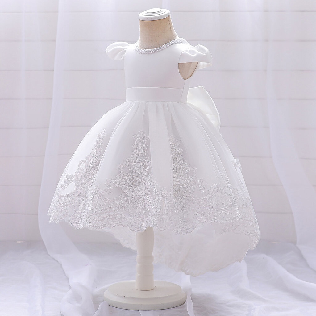 Gd3966- พร้อมส่งจากไทย ชุดออกงานเด็กหญิงสีขาว ลูกไม้สวยหรู เด็กเล็ก-เด็กโต ชุดราตรีเด็กทรงหน้าสั้น-หลังยาวแบบเดรสหางป...