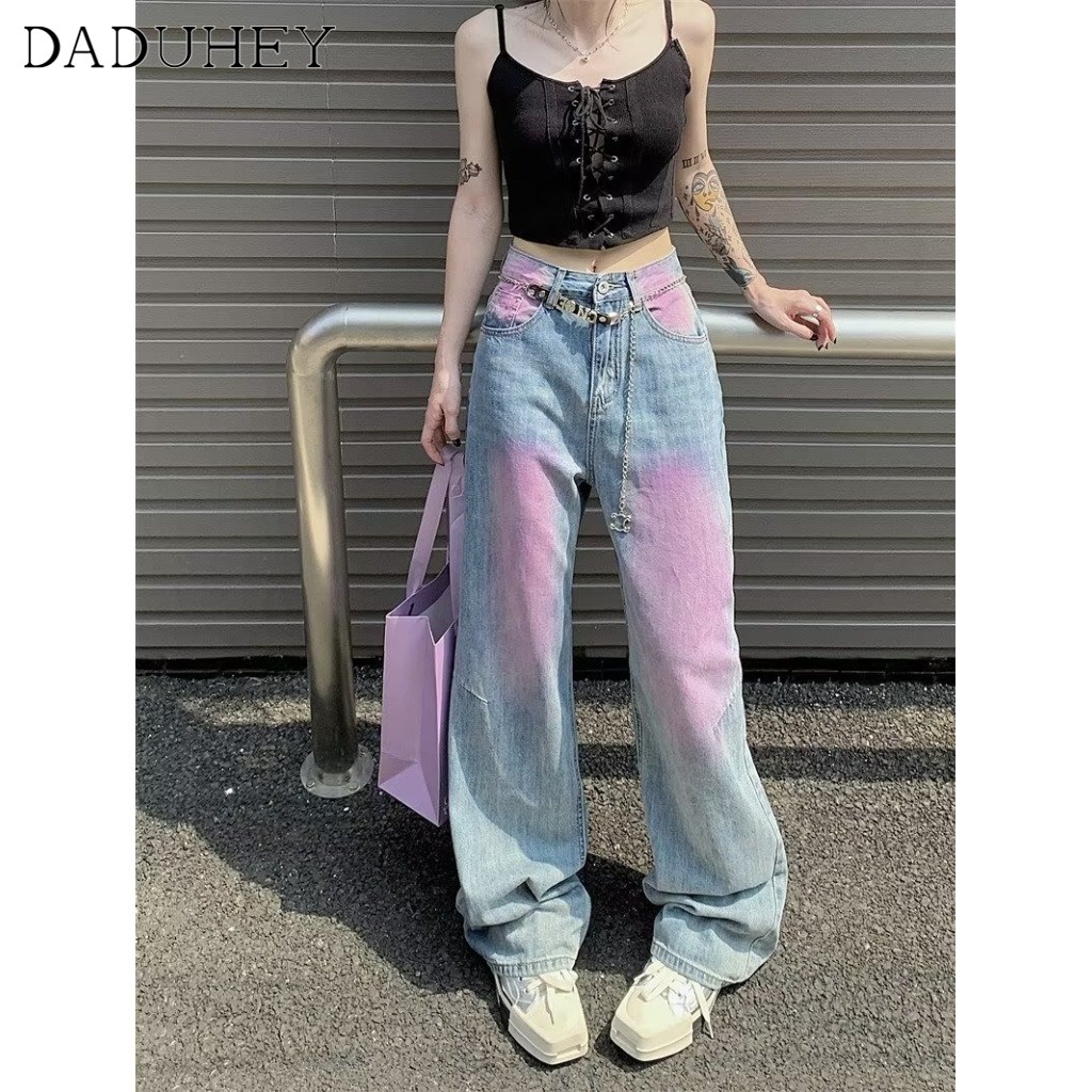 DaDuHey Women's American Style High Street Retro Loose Wide Leg Purple Washed Jeans High Waist Slim Straight Mop Pants