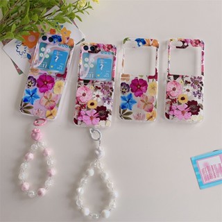 เคสโทรศัพท์มือถือ กันกระแทก ลายดอกไม้ สีน้ํา พร้อมสร้อยข้อมือ สําหรับ Samsung Z Flip5 Z Flip4 3 5G Z Flip5