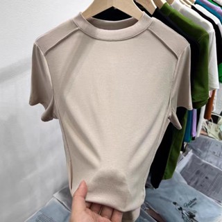 ใหม่ เสื้อยืดแขนสั้น เปิดไหล่ ทรงก้างปลา สไตล์เกาหลี สําหรับผู้หญิง