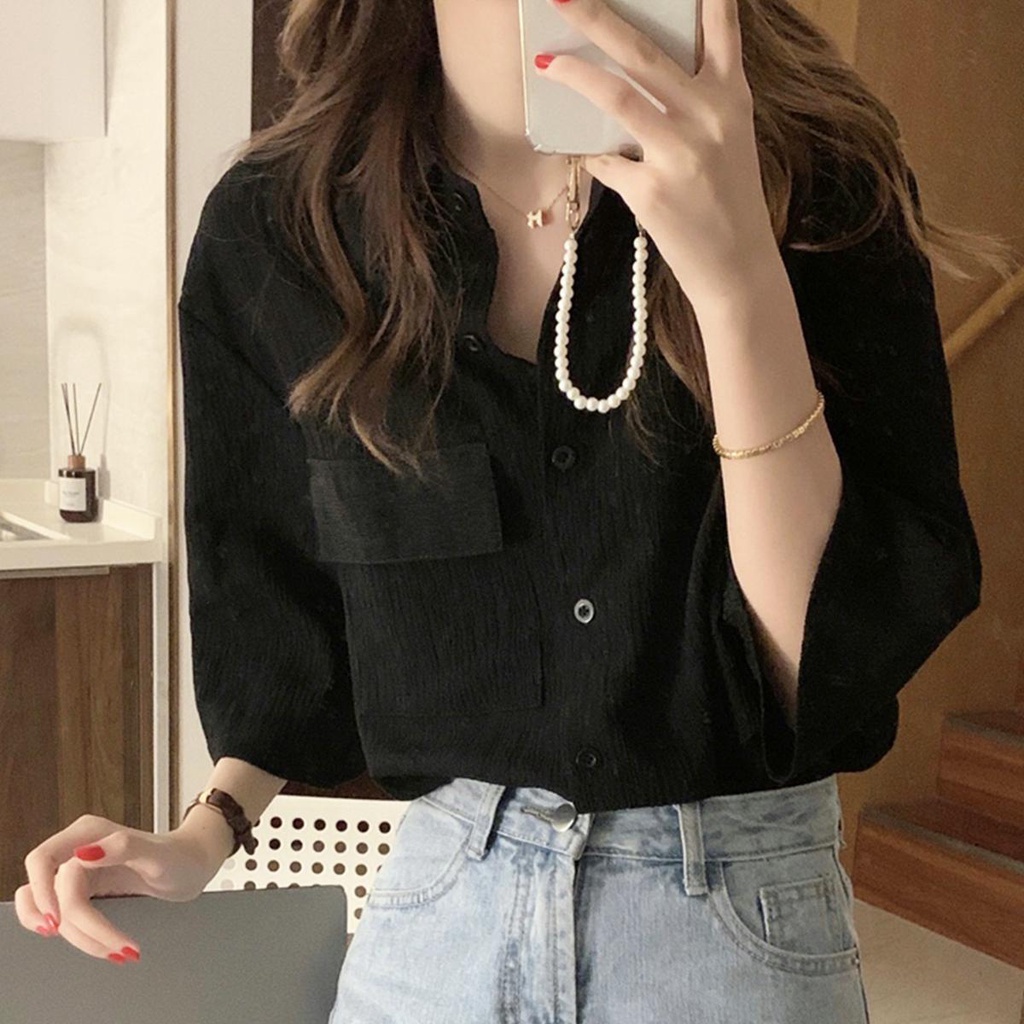 KOKO W232❤️เสื้อเชิ้ต ทรงหลวม เสื้อวินเทจ แขนสามส่วนผู้หญิง สไตล์เกาหลี แมทช์ได้ทุกตัว